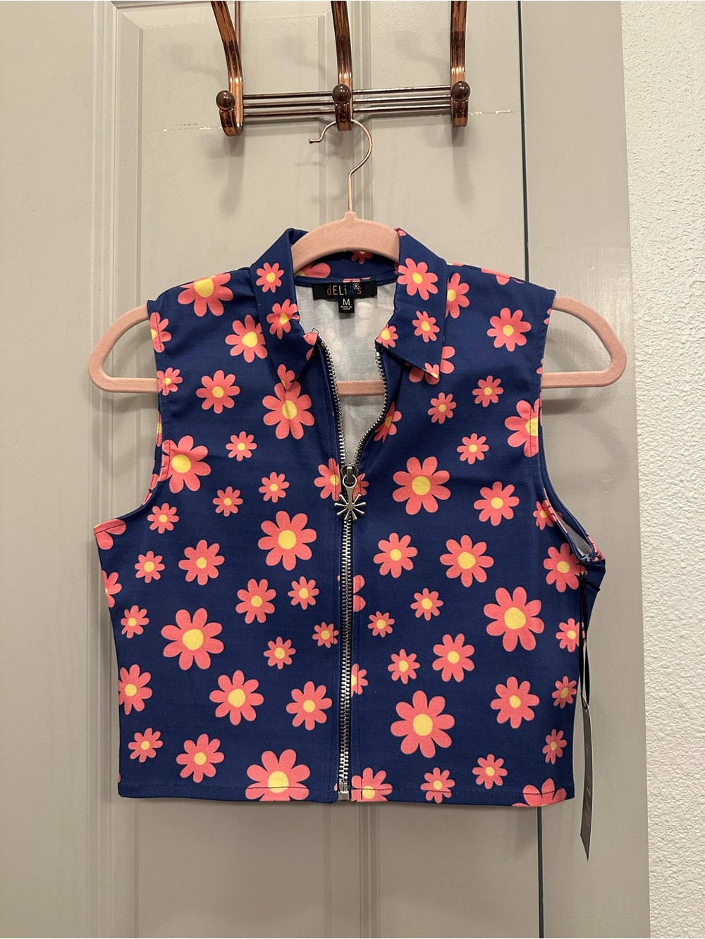 Delia’s x Dolls Kill Floral Zip-Front Crop Top - Navy with Pink & Yellow Daisies